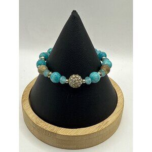 Boho Faux Amazonite Beaded Stretch Bracelet Larimar Blue Pave Crystal Sparkle